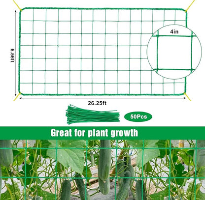 Unves Trellis Netting, 26.2 x 6.6 Ft Garden Trellis for Climbing Plants, 27 Strands & 4x4 Inch Mesh Plant Net for Tomato, Cucumber, Heavy Duty Net for Vegetables, Fruits, Grapes, Bean