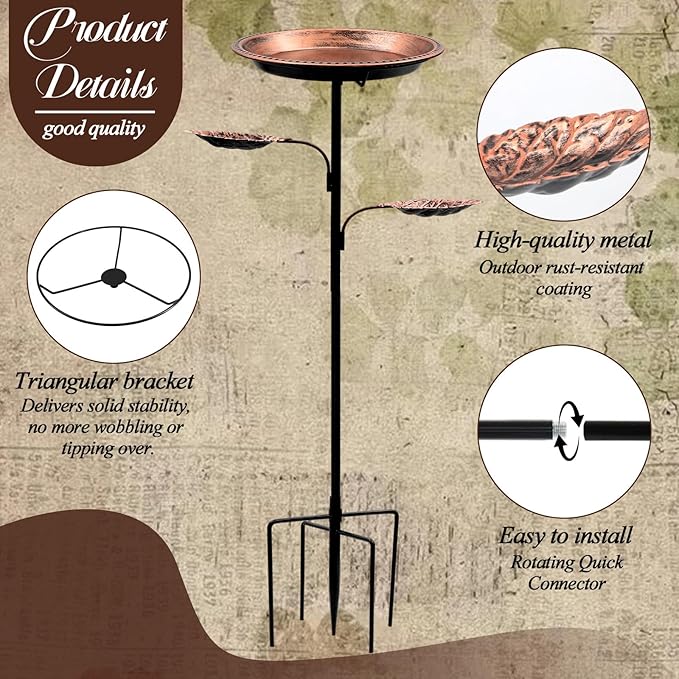 Metal Bird Bath for Outdoors,12 Inch Bath Bowl with 2 Bird Feeders,All Metal Rustproof Standing Birdbaths for Garden Yard Lawn Patio Outdoor Decor,Upgraded 5-Pronged Base (Antique Bronze)