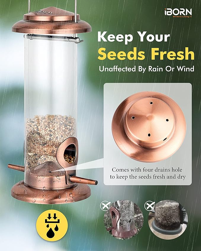 iBorn Metal Bird Feeder Hanging Wild Bird Feeders for Mix Seed Blends Heavy Duty All Metal Finishing, Copper Finish, 9 Inch 2 Port (Seed is not Included)