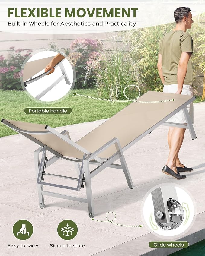 Patio Chaise Lounge Chair Outdoor Set of 2 with Wheels&Armrests, Aluminum Pool Lounge Chairs Five-Position Adjustable Recliner, Outdoor Beach Lounge Chairs for Poolside, Patio, Deck, Yard, Khaki