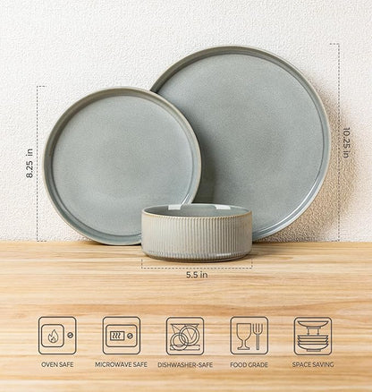 TheTerra Ceramic Dinnerware Set for 4, 12-Piece Plates and Bowls Set | Lightweight Porcelain Dish Set, Scratch Resistant, Oven & Microwave & Dishwasher Safe, Desert Sage