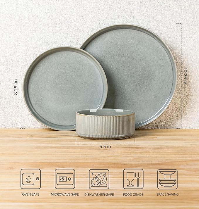 TheTerra Ceramic Dinnerware Set for 6, 18-Piece Plates and Bowls Set | Lightweight Porcelain Dish Set, Scratch Resistant, Oven & Microwave & Dishwasher Safe, Desert Sage