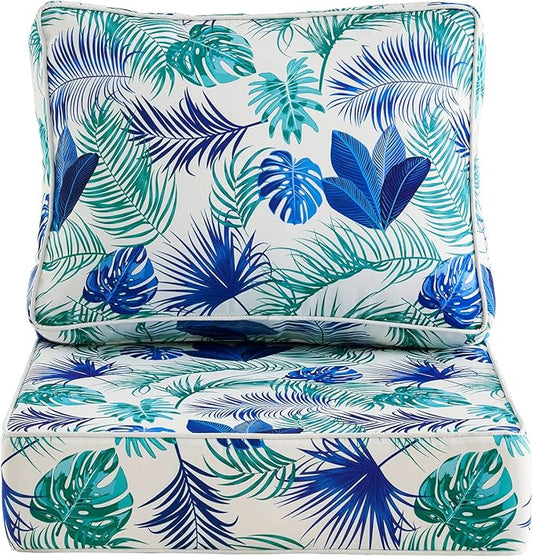 ARTPLAN 24x24 Deep Seat Patio Cushions for Outdoor Furniture,Extra 6 inch Thick,Back 18"x24",Removable,Replacement,Polyester Floral Pattern,Outdoor/Indoor,Blue White Flowers
