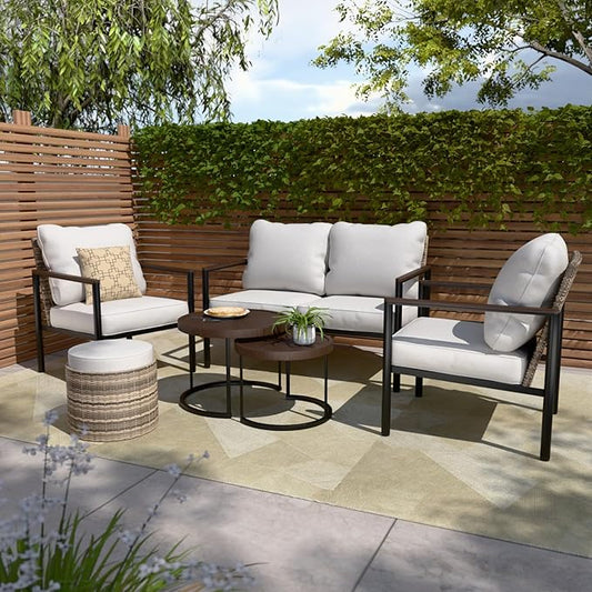 COOS BAY Sand Dune 5 Piece Wicker Patio Furniture Set, Rattan Outdoor Furniture with Nesting Tables, Chairs, Loveseat, Coffee Tables, and Ottoman, Brown/Beige