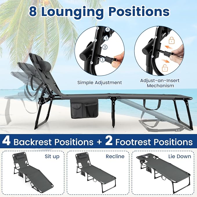 COSTWAY Tanning Chair with Face Hole, Folding Beach Lounge Chair with 4-Position Adjustable Backrest, Pillow & Side Pocket, Foldable Chaise Lounge Chair Outdoor for Sunbathing, Camping (2, Grey)
