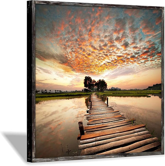 Hardy Gallery Sunset Landscape Painting: Boardwalk Stair to Heavy Sunset Lake Picture Print on Rustic Wood Wall Art Framed (12” x 12”)