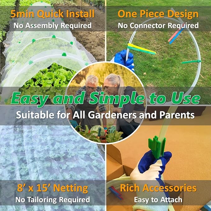 Garden Mesh Netting Kit, Super Bendable Fiberglass Greenhouse Hoops with Ultra-Fine Pest Barrier for 2-4ft Wide Raised Beds, Weather Resistant Grow Tunnel for Planting Row Protection