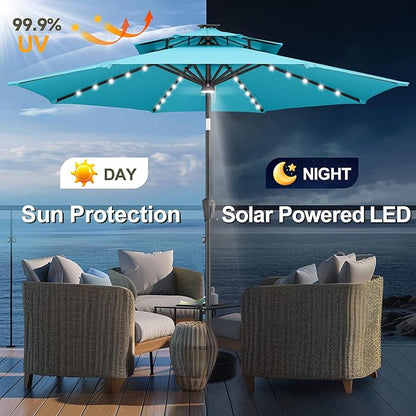 FLAME&SHADE 9 ft Double Top Solar Powered Outdoor Market Patio Table Umbrella with LED Lights and Tilt, Aqua Blue