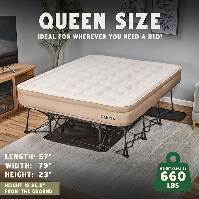 Queen Air Mattress with Frame, Self Inflating/Deflating Bed for Adults - PeakRest Blow Up Bed, Camping Cot with Mattress for Adults - Portable Queen with Travel Rolling Case on Wheels