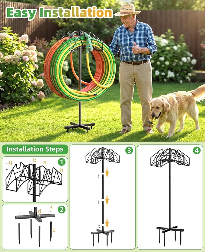Garden Hose Holder, Double-Sided Water Hose Holder Stand Holds 2×160ft, Heavy Duty Freestanding Hose Storage Rack Hanging with Spikes, Metal Hanger for Outside Garden Yard Lawn Farm Gardening Tools