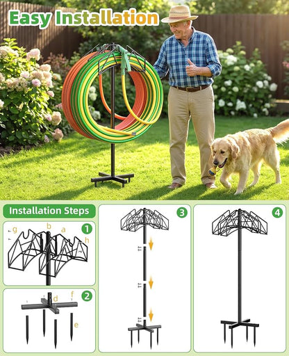 Garden Hose Holder, Double-Sided Water Hose Holder Stand Holds 2×160ft, Heavy Duty Freestanding Hose Storage Rack Hanging with Spikes, Metal Hanger for Outside Garden Yard Lawn Farm Gardening Tools