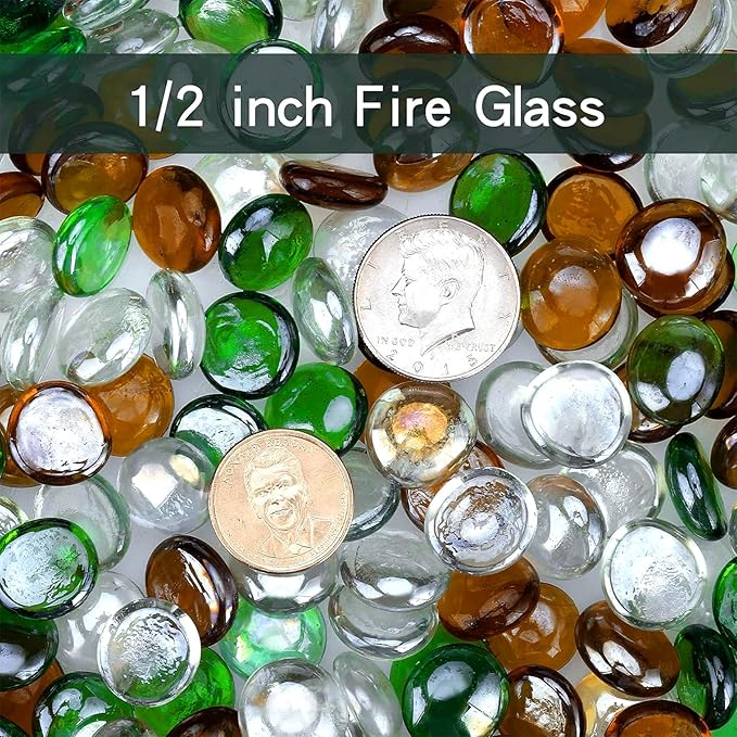 onlyfire 10 Pounds Fire Glass Beads for Propane Fire Pit and Gas Fireplace, 1/2 Inch Round Blended Firepit Glass Rocks Flat Marbles for Fire Pit Table, Emerald Green, Crystal Ice and Caramel Luster