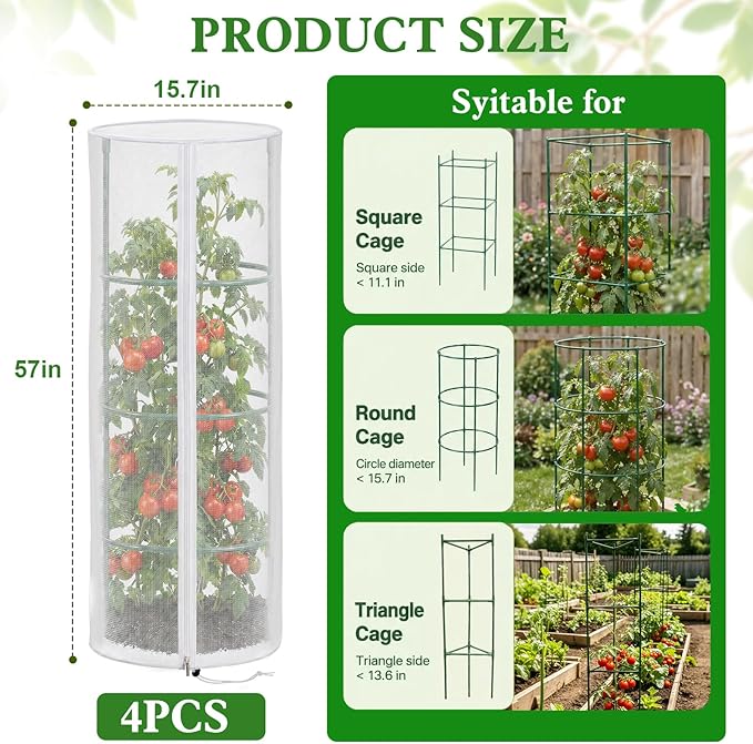 4 Pcs Garden Mesh Plant Cover for Round Tomato Cage, 57" x 15.7" Insect Bird Netting Protection Net Covers with Zipper & Drawstring, Garden Tomato Trellis Netting for Climbing Plants