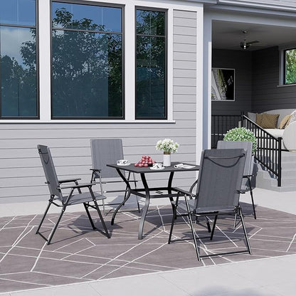 Patio Folding Chairs Set of 4, Outdoor Portable Dining Chair with Sling Back and Armrests for Lawn Camping Courtyard Balcony Garden Grey