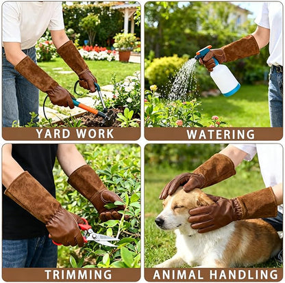 Leather Gardening Gloves for Women Men, Long Rose Pruning Gloves Thorn Proof Cowhide Gauntlet Cactus Garden Gloves for Yard