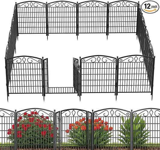 12 Panels No Dig Decorative Garden Fence with Gate, GATKITOM 31.3in(H) x 26ft(L) Rustproof Animal Barrier Metal Dog Fence Outdoor for Yard, Patio, Temporary Garden Fencing with Ground Stakes