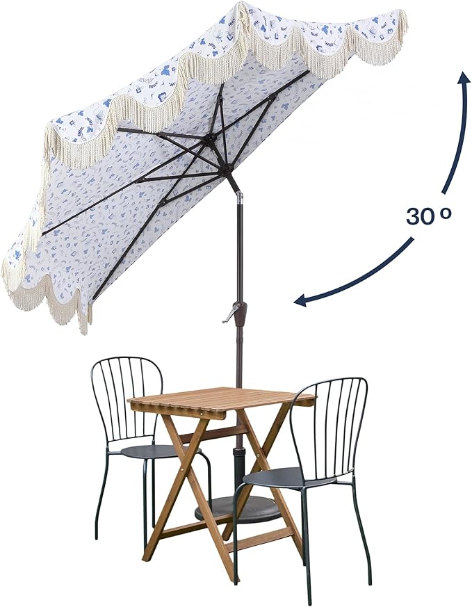 JONATHAN Y Half Umbrella UMB1201G Beverly 9 ft. Designer Classic Scalloped Fringe Market Patio with Crank, Push Button Tilt and UV Protection in Blue/White/Cream