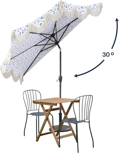 JONATHAN Y Half Umbrella UMB1201G Beverly 9 ft. Designer Classic Scalloped Fringe Market Patio with Crank, Push Button Tilt and UV Protection in Blue/White/Cream