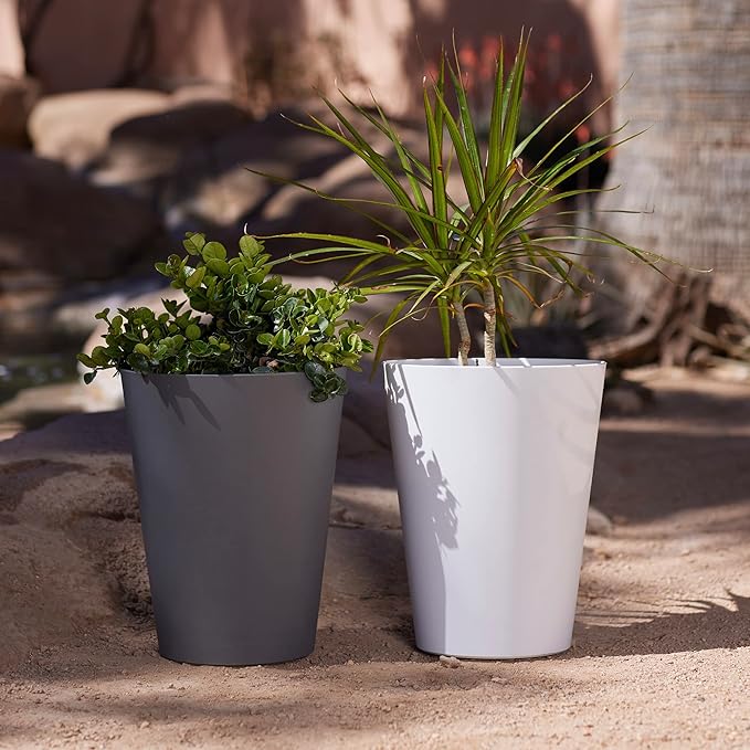 Bloem Tall Finley Tapered Round Planter: 14" - Casper White - Matte Textured Finish, 100% Recycled Plastic Pot, for Indoor and Outdoor Use, Gardening, 4 Gallon Capacity