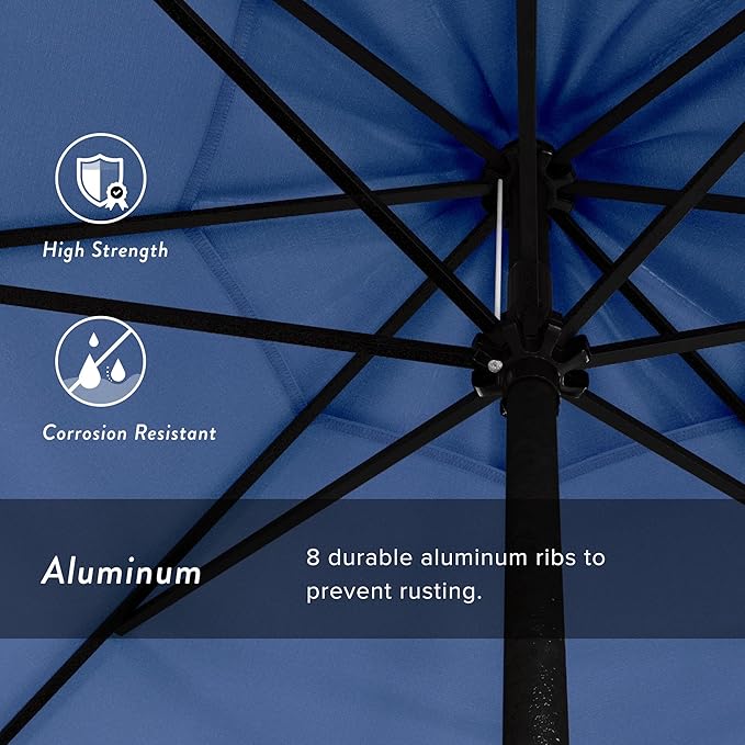 California Umbrella 9' Rd Aluminum Patio Umbrella, Crank Lift, Auto Tilt, Black Finish, 4yr Fade Warranty, Frost Blue