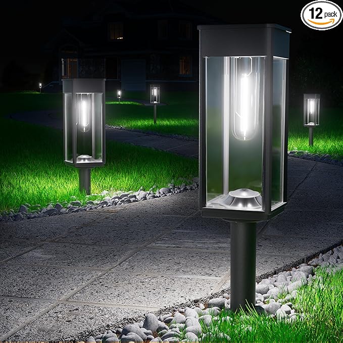 BITPOTT Solar Pathway Lights Outdoor,Bright Solar Lights for Outside, Waterproof Auto On/Off Garden Lights Solar Powered Landscape Lights for Yard Walkway Driveway Lawn (Cool White, 12 Pack)