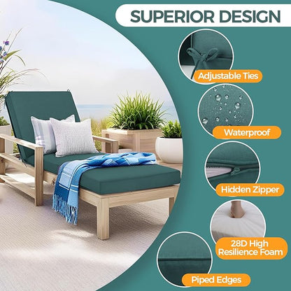 Outdoor Chaise Lounge Cushion Set of 2- Waterproof & Fade Resistant Patio Lounger Cushions with Removable Cover for Pool, Deck, Lawn .70 x 22 x 4 Inch (Green)