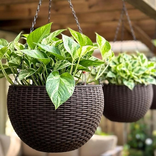 LaLaGreen Hanging Planters for Indoor Plants (11 Inch, 2 Pack) Brown Rattan Style Self-Watering Hanging Flower Pots with Water Level Indicator, Large Plastic Baskets Balcony Porch Home Outdoor Decor