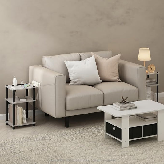 Furinno JUST Side Table Set of 2, 3-Tier Modern End Table with Charging Station, Open Shelf Night Stand, Bedside Table with USB and Type-C Port, for Living Room, Bedroom, Marble White