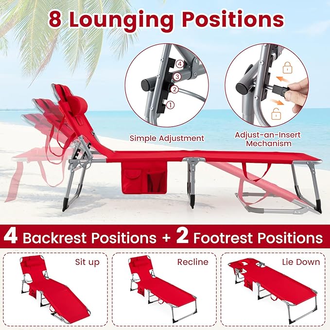 COSTWAY Tanning Chair with Face Hole, Folding Beach Lounge Chair with 4-Position Adjustable Backrest, Pillow & Side Pocket, Foldable Chaise Lounge Chair Outdoor for Sunbathing, Camping (1, Red)