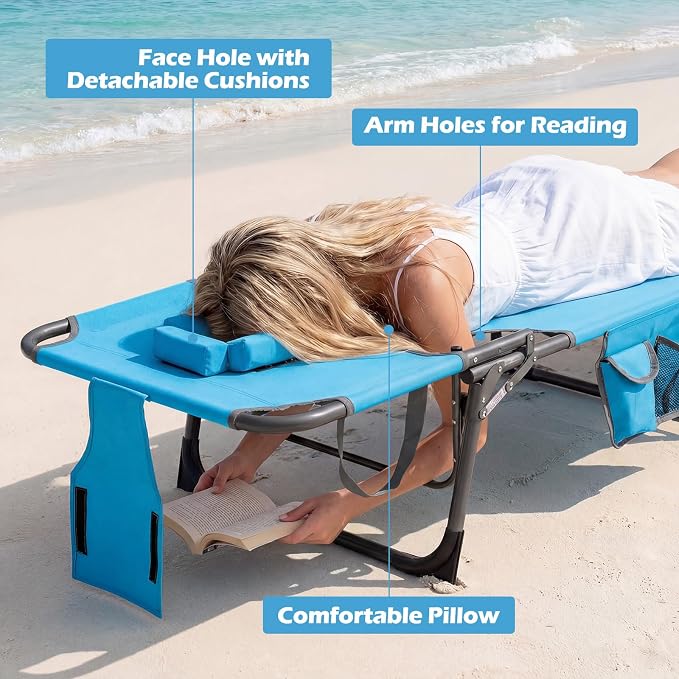GYMAX Tanning Chair with Face Hole, Sun Bathing Lounge Chairs for Outside with Side Pocket, Folding Portable Face Down Layout Tanning Chair Beach, Backyard, Poolside, Lawn (Blue,1)