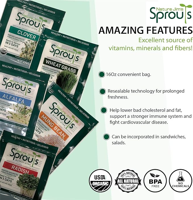 Nature Jims Sprouts Alfalfa Seeds – Non-GMO Organic Sprout Growing Kit for Planting – Premium Resealable Bag for Fresh Homegrown Sprouting Seeds – Rich in Nutrients, Vitamins, Fiber & Minerals – 16oz