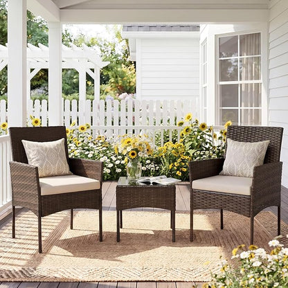 Sweetcrispy 3 Piece Patio Furniture Set, All-Weather Outdoor Wicker Bistro Set with Removable Cushions & Tempered Glass Table, Small Conversation Seating for Porch, Balcony, Deck, Backyard, Black