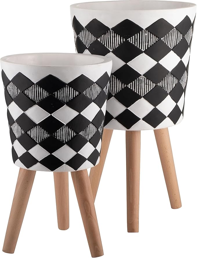 Sagebrook Home Set of 2 Geometric Planters on Stands - Resin & Wood Mid-Century Modern Plant Pots for Indoor/Outdoor Home & Garden Decor - 12" & 10", Black & White G