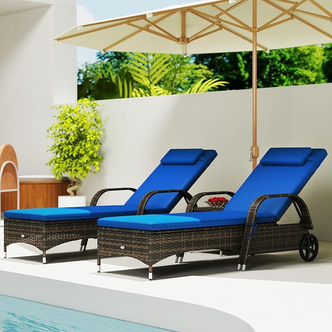 Outsunny Wicker Outdoor Chaise Lounge Chair Set of 3 with Side Table, 5-Level Adjustable Backrest PE Rattan Pool Lounge Chair with Wheels, Cushion & Headrest, Brown and Gray
