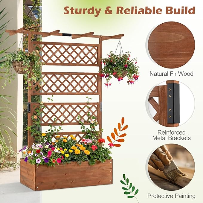 Giantex Raised Garden Bed with Trellis, 72'' Wooden Planter Box Outdoor w/Privacy Screen Roof, Large Vertical Garden Planter w/Drainage Holes for Climbing Plants, Patio Balcony Backyard