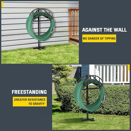 Kesfitt Garden Hose Holder Stand with Tool Storage Basket & 4 Spikes, Detachable Heavy Duty Metal Freestanding Outdoor Organizer for Lawn Yard Water Storage Rack