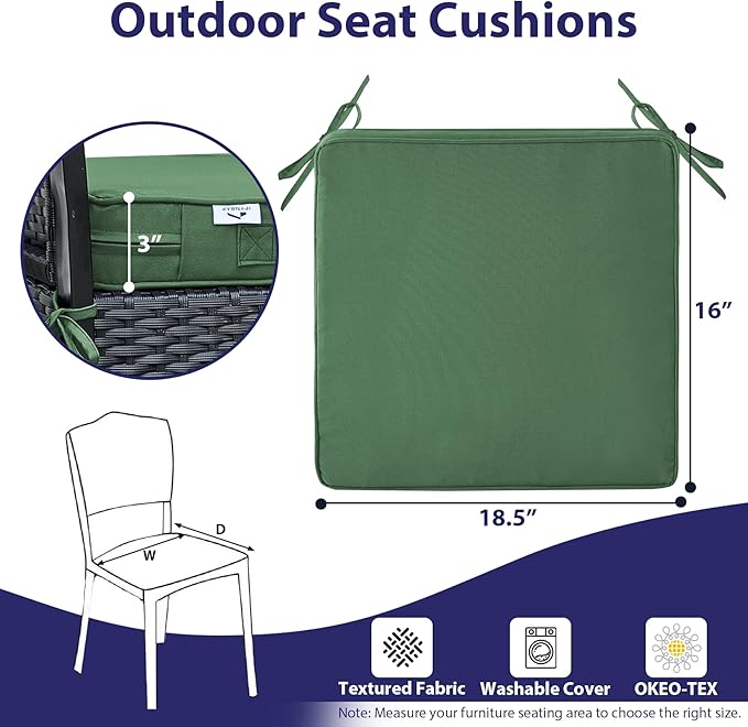 Outdoor Chair Cushions Set of 4,Waterproof Outdoor Seat Cushions for Patio Furniture,Patio Chair Cushion with Handle and Ties, Square Out Door Chair Pads,18.5" x 16" x 3", Forest Green