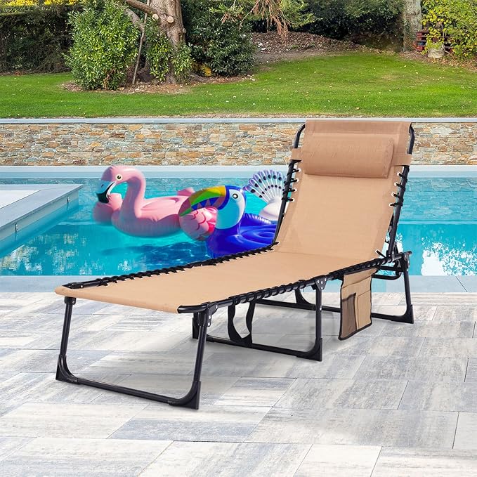 Folding Chaise Lounge Chair Bed - Heavy-Duty 400lb Capacity Portable Adjustable Recliner w/Pillow for Patio, Pool, Camping, Sunbathing - Lay Flat Design (Beige)