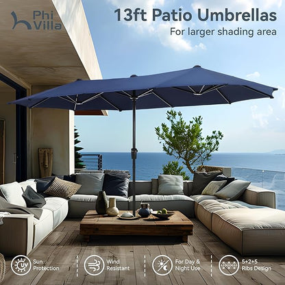 PHI VILLA Outdoor Patio Dining Set for 6 with Umbrella, Rectangle Patio Table and Chairs Set with 6 Adjustable Folding Patio Chairs(Black) & 13 Ft Blue Patio Umbrella