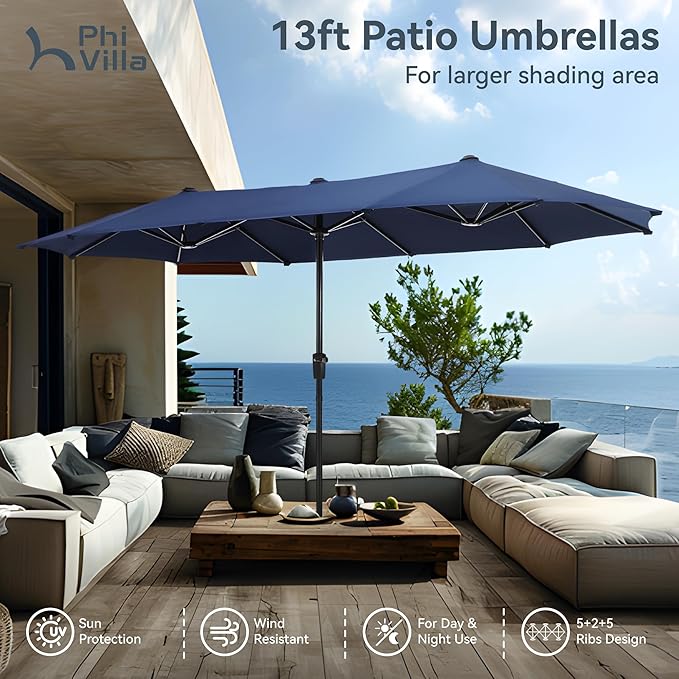 PHI VILLA 7 Piece Patio Dining Furniture Set with Umbrella, Outdoor Dining Set with Patio Table and Chairs Set, Adjustable Grey Folding Patio Chairs for Garden
