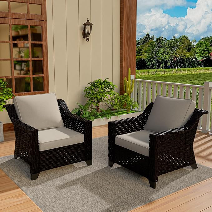 VistaVibe 2 Pieces Outdoor Armchairs, Patio Conversation Furniture Set, Washable Cushions, Luxurious Hand-Woven PE Rattan, Garden, Bistro, Deck, Backyard (Brown/Beige)