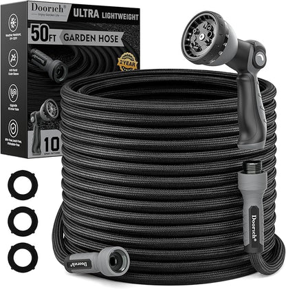 Garden Hose, Flexible Ultra Lightweight Durable, Kink-Free Water Hose with 10 Function Sprayer - Non-Shrinking, Easy to Store, All-Weather, High-Pressure, Black (50 FT)