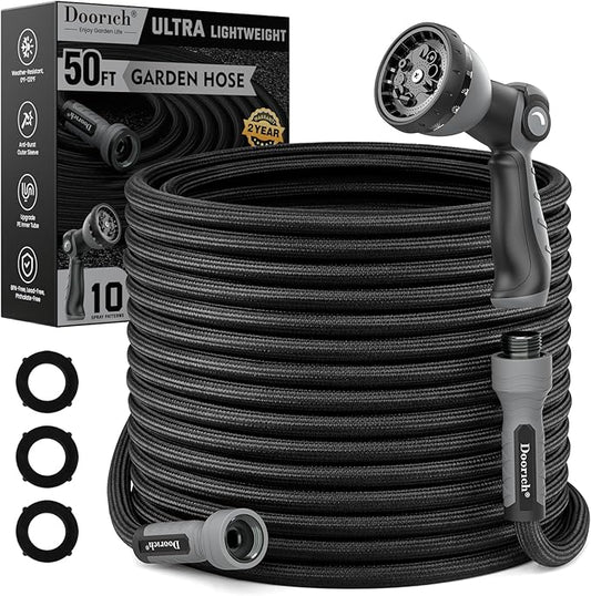 Garden Hose, Flexible Ultra Lightweight Durable, Kink-Free Water Hose with 10 Function Sprayer - Non-Shrinking, Easy to Store, All-Weather, High-Pressure, Black (50 FT)