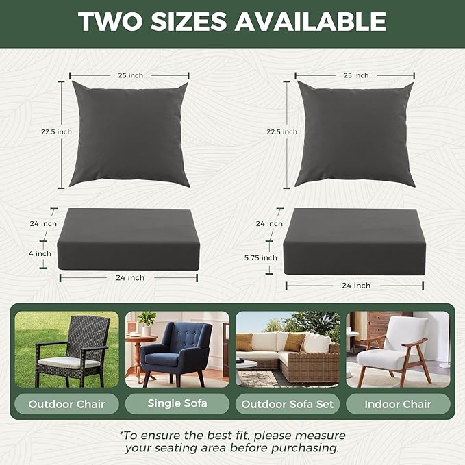 Outdoor Cushions for Patio Furniture, Outdoor Seat Cushion Set 24 x 24 x 4 Inch, Waterproof & Fade Resistant Outdoor Chair Cushions, Deep Patio Chair Cushion with Removable Cover, Dark Grey