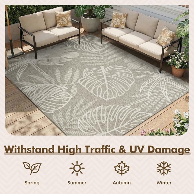 MontVoo-Outdoor Rug-Patio Rug 5x7 ft Polypropylene Indoor Outdoor Rugs Outdoor Carpet for Patio Deck Balcony Porch, Textured Weave, Durable for High Traffic, Fade-Resistant, Tropical Silver Grey