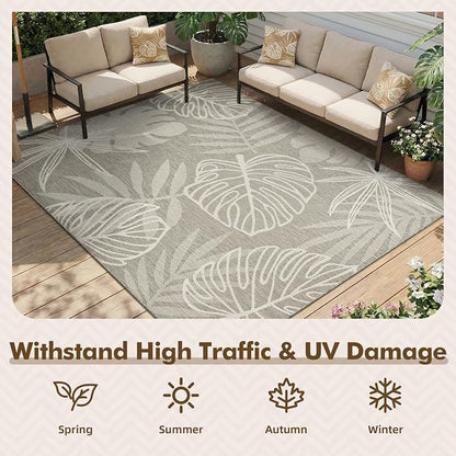 MontVoo-Outdoor Rug-Patio Rug 5x7 ft Polypropylene Indoor Outdoor Rugs Outdoor Carpet for Patio Deck Balcony Porch, Textured Weave, Durable for High Traffic, Fade-Resistant, Tropical Silver Grey