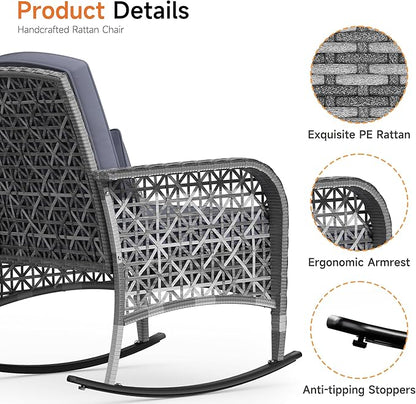 DECMICO 3-Piece Rattan Rocking Chair Set, PE Patio Bistro Furniture with Cushions & Coffee Table for Garden Backyard Porch, Dark Grey