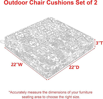 Favoyard Outdoor Chair Cushion 22 x 22 x 3 In Waterproof Pattern Fade Resistant Cushions for Patio Furniture with Removable Cover Attach Straps 28D Foam Insert Cushions Pads for Seat Sofa Couch 2 Pack