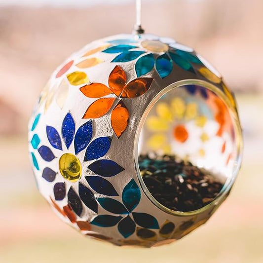Backyard Expressions Hanging Glass Bird Feeder - Multicolor - Fly Through Bird Feeders for Outside, Mosaic Bird Feeder, Round Shape Wild Birdfeeder
