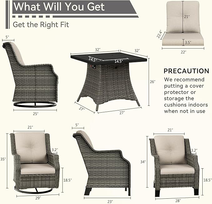 5-Piece Patio Wicker Conversation Set with Fire Pit, Furniture Set Includes 2 Swivel Rocker Chair and 2 Armchair, Cushion Beige